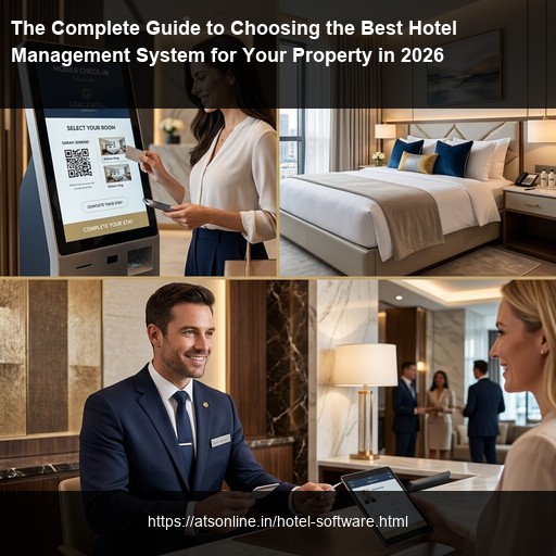A collage of modern hospitality elements including a check-in screen, a clean hotel room, and a professional staff member, representing the comprehensive nature of a hotel management system.