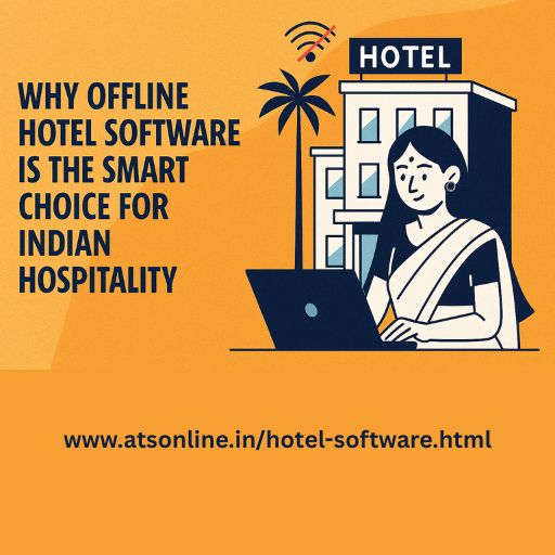 A hotel manager using offline hotel software on a desktop computer at a reception desk in India.