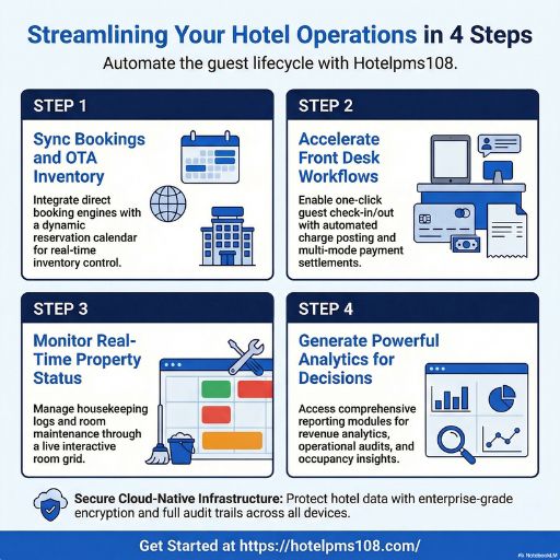 A modern hotel front desk agent using Hotelpms108 cloud software on a monitor to assist guests efficiently.