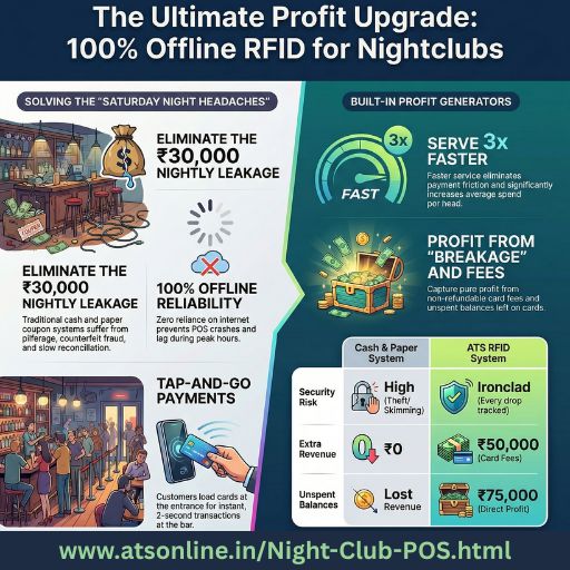 A crowded nightclub bar serving drinks quickly using an offline RFID prepaid card POS system.