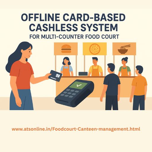 Customer using a prepaid card to pay at a multi-counter food court POS system.