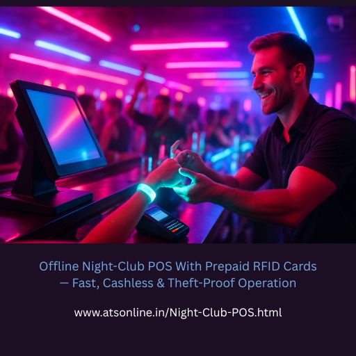 A customer paying with a prepaid RFID card at a busy nightclub bar with an offline POS.