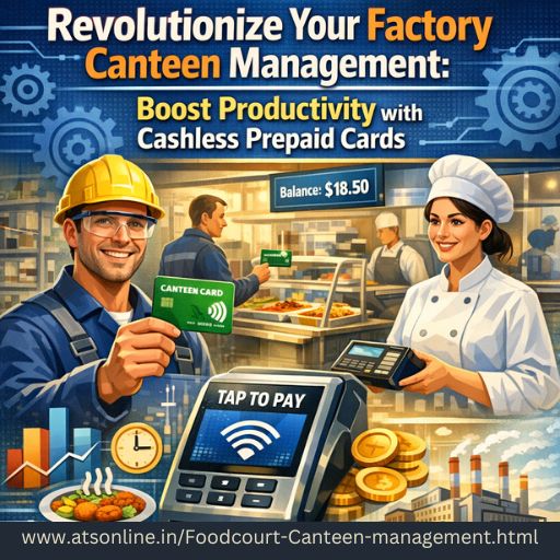 Factory workers using RFID prepaid cards at a canteen counter for fast cashless payment.
