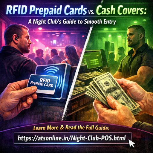 A side-by-side comparison of a slow cash entry line versus a fast RFID tap-and-go entry at a nightclub.