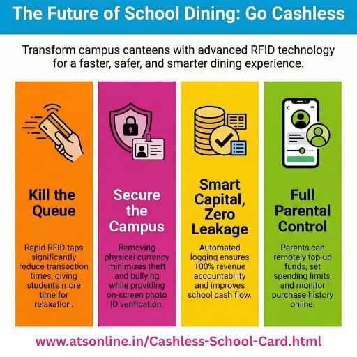 Students using RFID ID cards to quickly pay for lunch in a cashless school cafeteria.