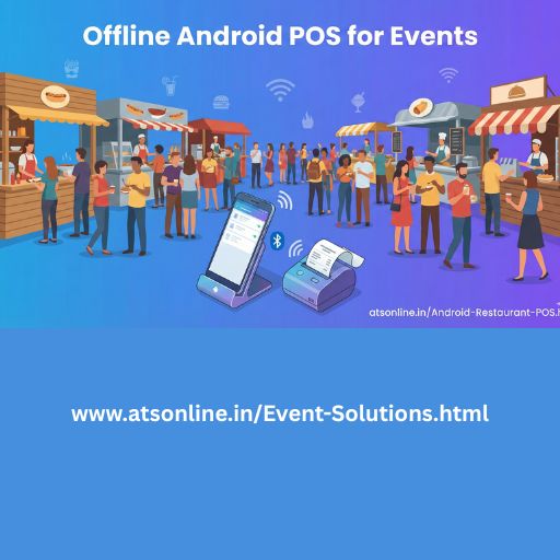 Catering staff using an offline Windows POS application at an outdoor food event.