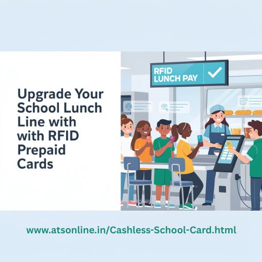 Students using RFID prepaid cards to pay for lunch in a school cafeteria line.